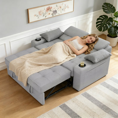 58 inch three in one convertible sleeper sofa bed with USB charging, adjustable backrest, Terry Cloth Loveseat sofa bed with side pockets, double sofa, suitable for living rooms and apartments, light gray 