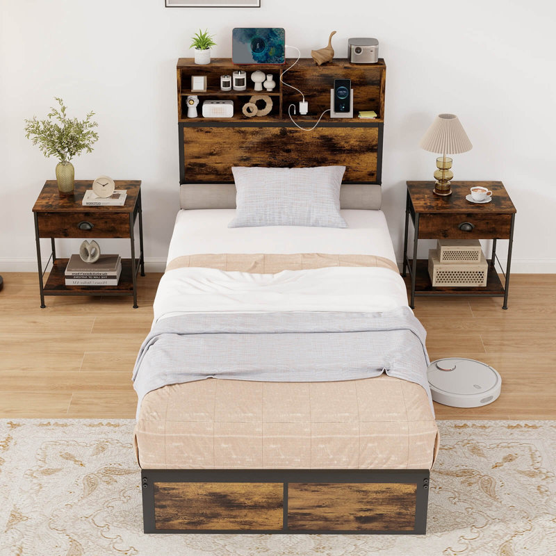 Cadre de lit avec station de charge Tête de lit Espace de rangement sous le lit, Simple