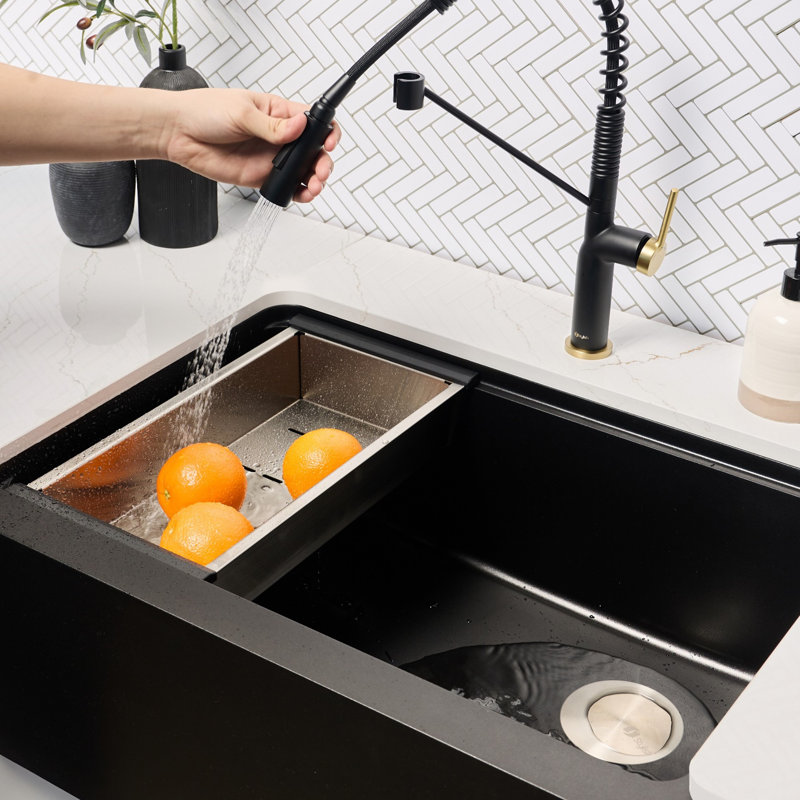 Évier de cuisine encastré à tablier simple en granite noir 30 po, Noir