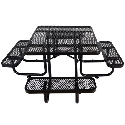 Table de pique-nique carrée d'extérieur en acier 46 po noir avec mât de parasol