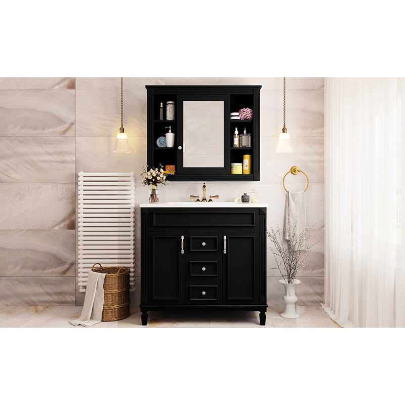 Meuble-lavabo de salle de bain contemporain de 36 po, apparence de miroir noir, 2 tiroirs et portes, meuble-lavabo élégant à décor spacieux, tiroirs, tendance