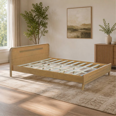 PINE SOLID WOOD QUEEN SIZE BED, SOLID AND STABLE, NO BOX SPRING NEEDED, RUSTIC YELLOW COLOR