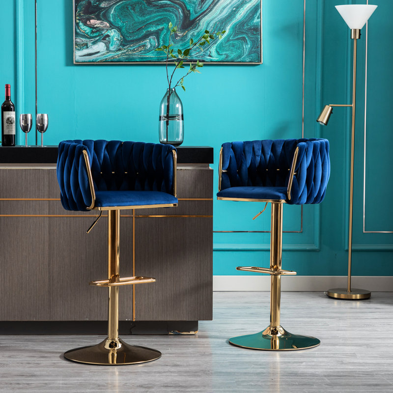 Tabourets de bar 2, revêtement en velours bleu marine, pieds dorés, repose-pieds et base, hauteur réglable de 2, siège, repose-pieds de base, mécanisme
