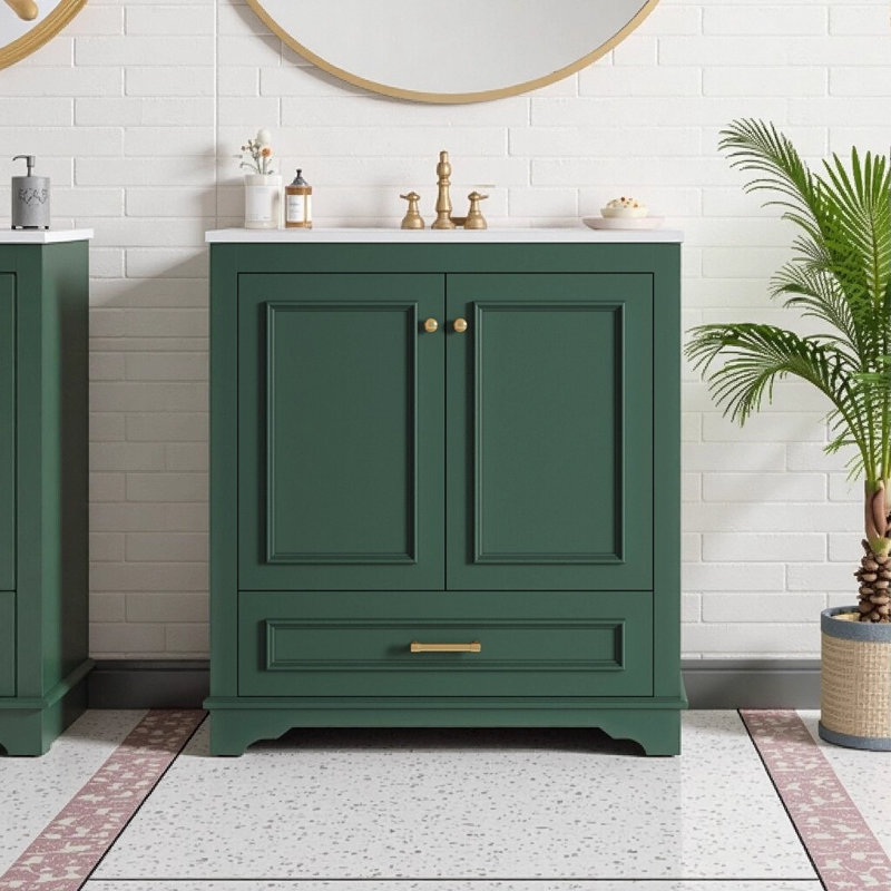 Meuble-lavabo moderne 30 po avec lavabo en céramique, armoire en bois massif et portes à fermeture douce, Vert