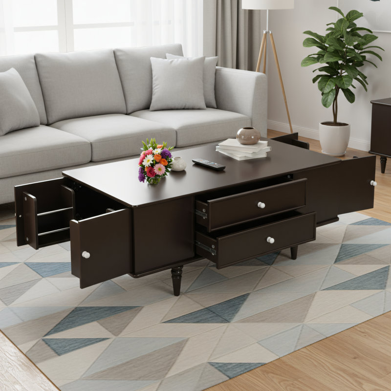 Table basse moderne moderne avec quatre tiroirs et deux compartiments de rangement cachés latéraux, table basse en bois de 47,2 pouces avec poignées en métal et quatre pieds en bois massif pour le salon, brun