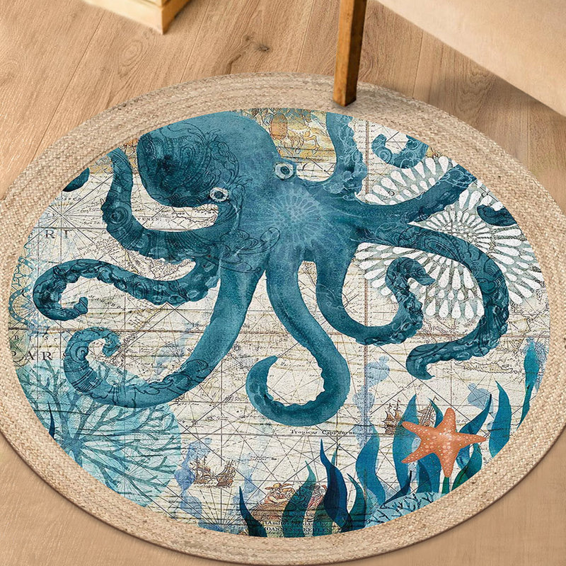 Tapis en jute tissé à la machine en beige / turquoise / blanc, Rond 2 pi 7 po