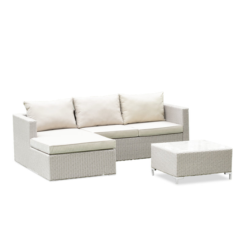 3 Piece Patio Furniture Set - Outdoor Sectional Sofa Set Contains a Rectangle Glass Top Bistro Wicker Tea Table and Linen Fabric Cushion , Natural Linen
