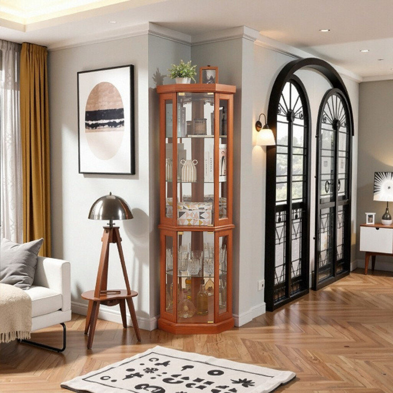 Vitrine avec éclairage intégré pour les objets de collection et le rangement du vin, Bois de chêne