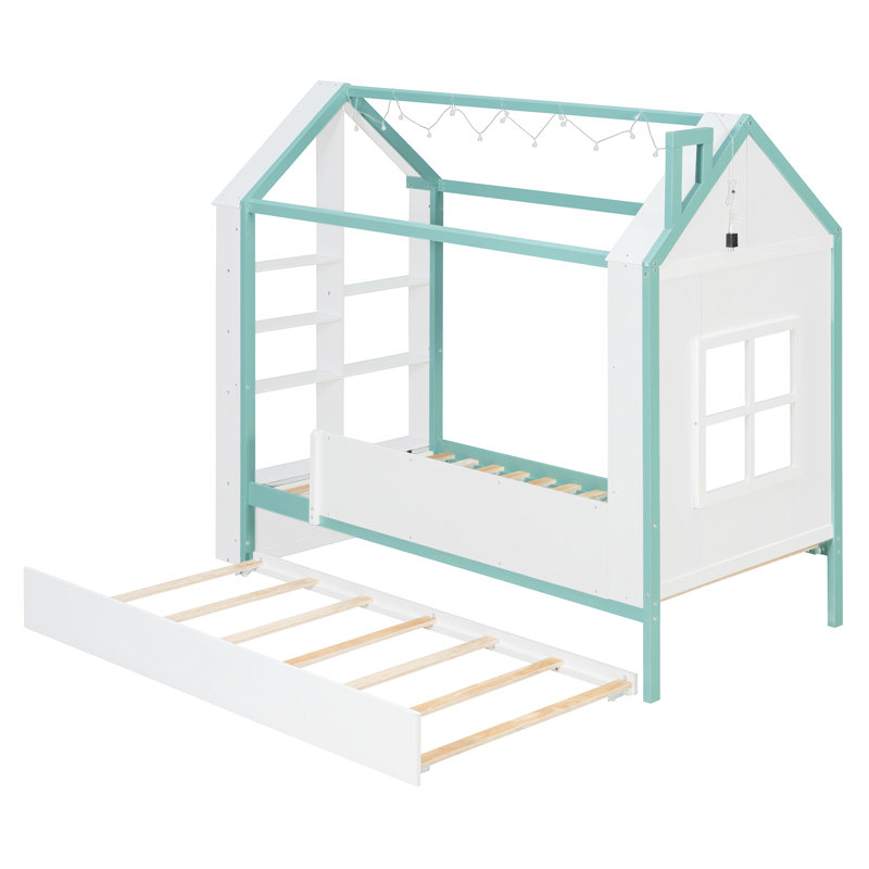 Lit maison avec lit gigogne, tablettes de rangement au pied de lit et éclairage à DEL, Lit simple, Bleu blanchi