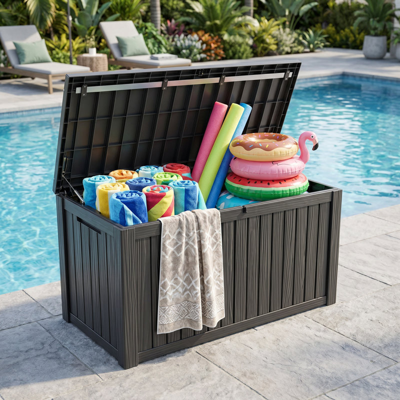 Boîte de rangement en résine noire 200 gallons pour outils de jardin, accessoires de piscine et coussins d'extérieur, Noir