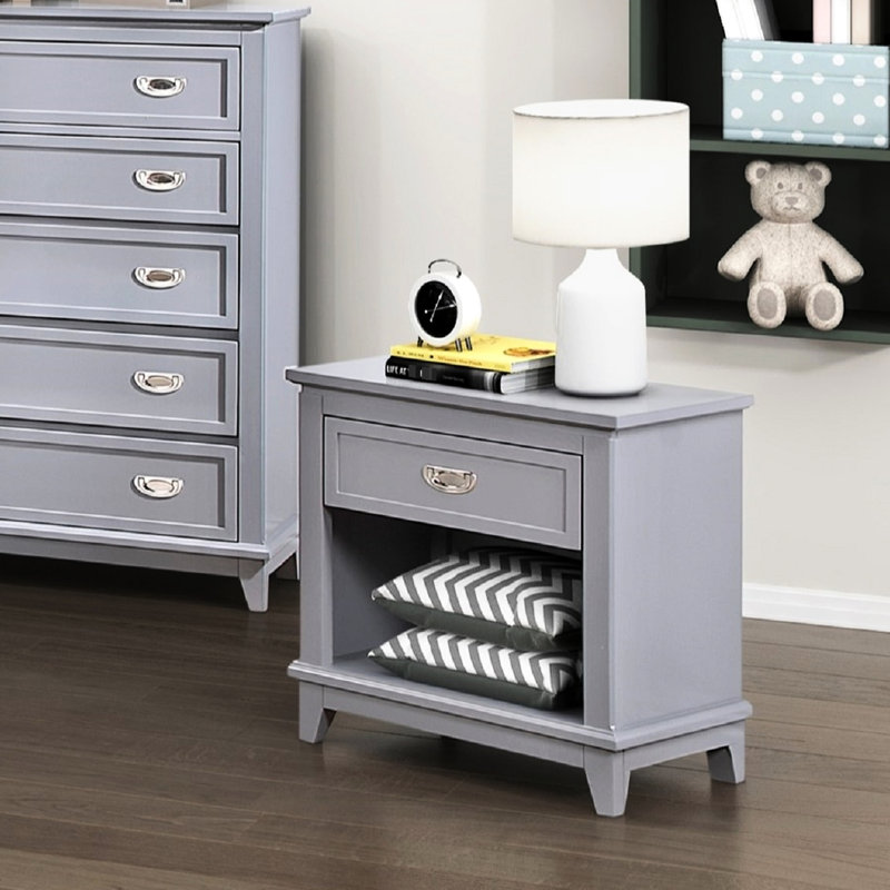 Table de chevet classique gris avec 1 tiroir et tablette inférieure, rangement dans la chambre à coucher, sans assemblage, table de chevet en nickel, glissières lisses, poignées, H 26 po, assemblage