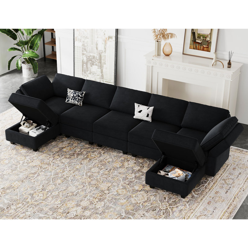 Ridoy 7-Pieces Large Velvet Upholstered Sectional Modular Variable Sofa & Chaise with Storage, Black Velvet
