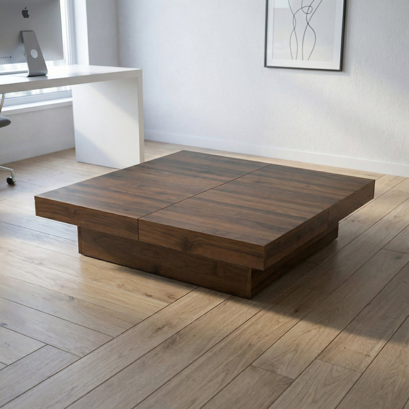 Contemporary Square Sliding Top Storage Coffee Table with Walnut Finish - Spacious Living Room Centerpiece