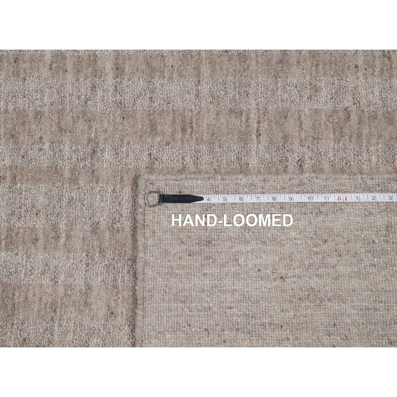 Tapis oriental brun clair 9 pi x 12 pi à rayures verticales avec effet sel et poivre, tissé à la main, laine naturelle