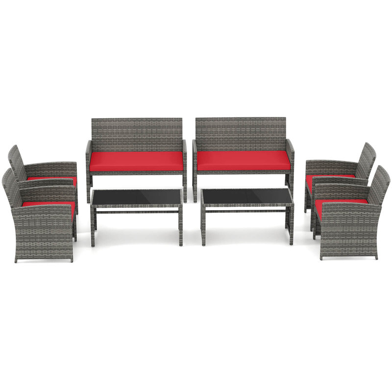 Ensemble de conversation de patio 8 pièces avec coussins de siège et plateau de table en verre trempé, pour l'extérieur 
