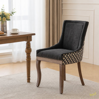 Meuble, chaise de salle à manger Ultra Side, chaises en tissu épaissi avec pieds en bois massif aux tons neutres, tête de clou bronze, ensemble de 2