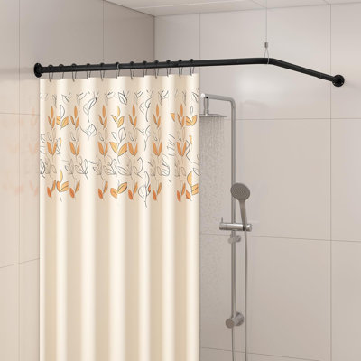 L Shaped Corner Shower Curtain Rod, Adjustable 90 Degree Curved Bathroom Rod Square Rail No Sag With 12 Hooks & Ceiling Support - Black