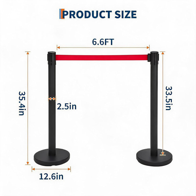 Barrières de contrôle des foules (lot de 6) – 6 poteaux avec 6 sangles rétractables, poteaux en acier robuste, système de sangles à 4 points, base remplissable pour la gestion des files d'attente
