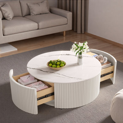Modern Round Movable Coffee Table With Casters, 2 Drawers And Marble Pattern Sintered Stone Top