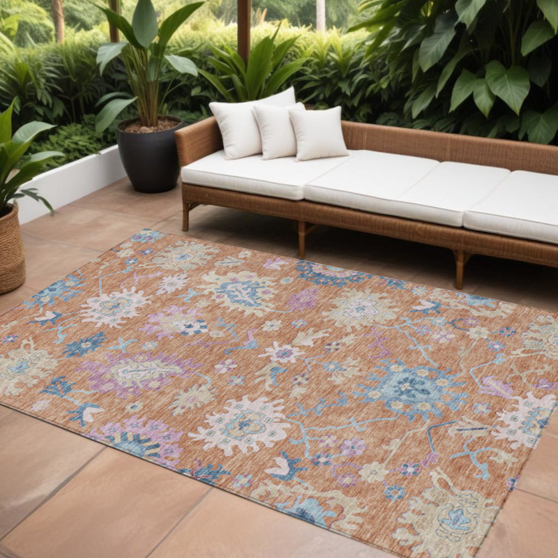 Tapis extérieur lavable floral rose orange et bleu denim 9 pi x 12 pi