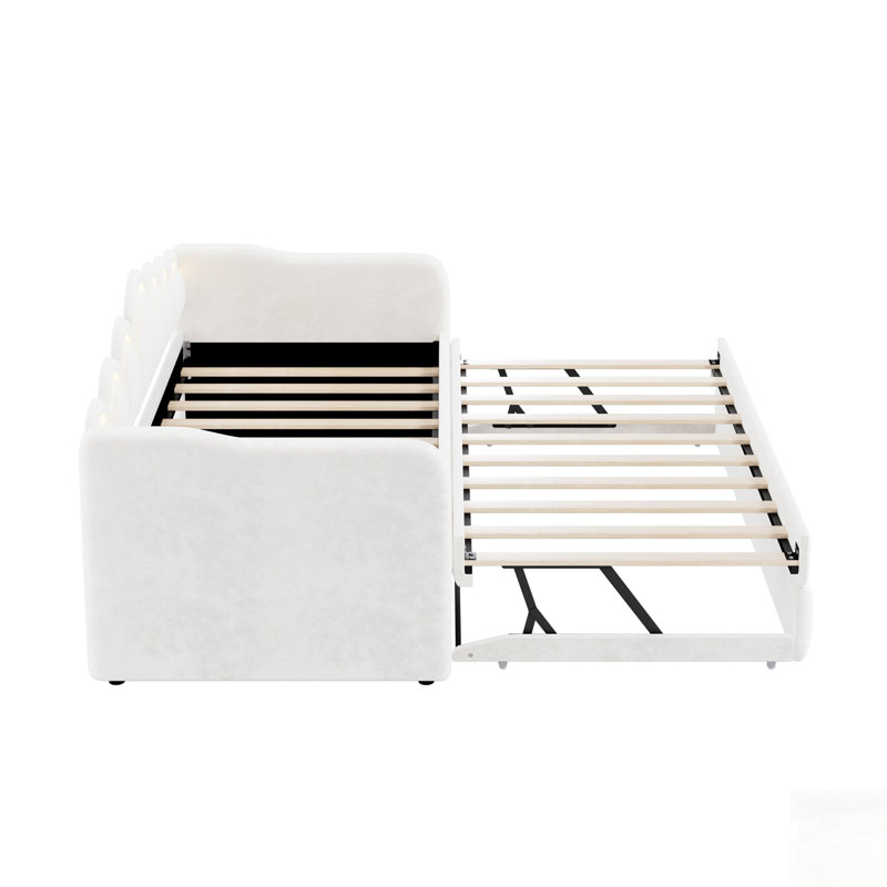 Upholstered Daybed with Multifunctional Trundle and LED Lighting, Comfortable and Space-Efficient, White