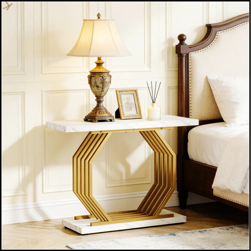 Console moderne en faux marbre avec une base octogonale dorée élégante, parfaite pour le vestibule et le salon.