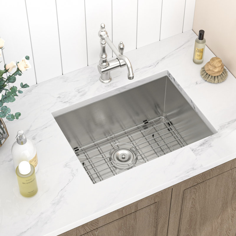 24"L x 18"W Undermount Laundry Sink 16G Stainless Steel Single Bowl Utility Kitchen Sink with Bottom Grid, Brushed Nickel