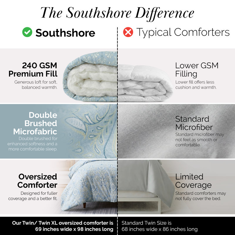 Oversized Reversible Down Alternative Comforter Set with Matching Shams, Édredon pour lit simple + 1 taie décorative stan
