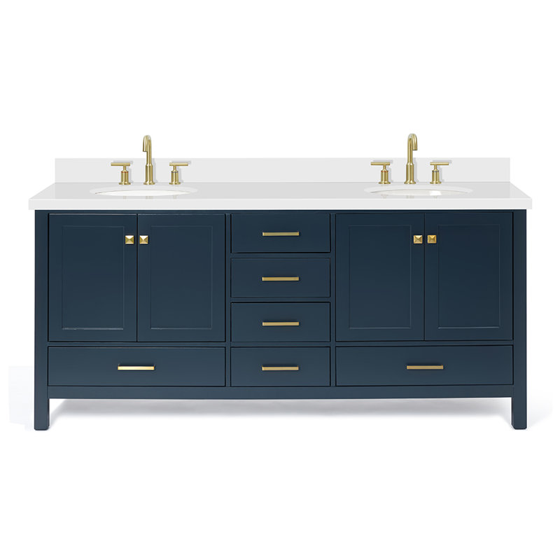 Cambridge 73'' Double Bathroom Vanity with White Quartz Top, Midnight Blue