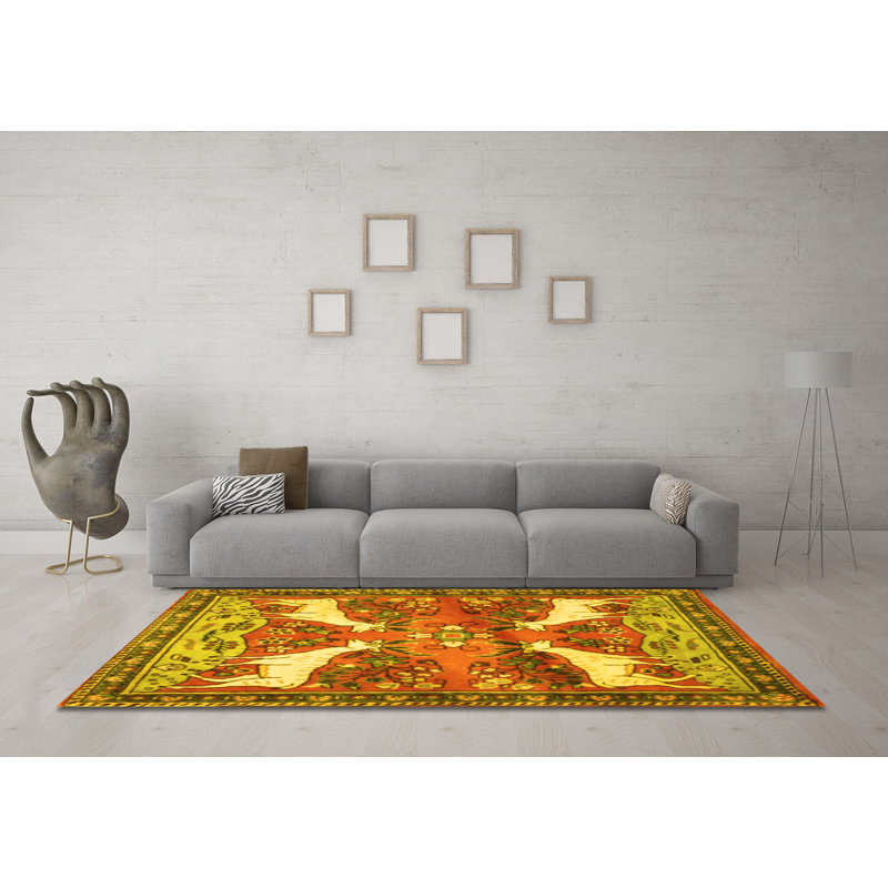 Tapis traditionnels jaunes lavables à la machine 3897, Rond 4 pi