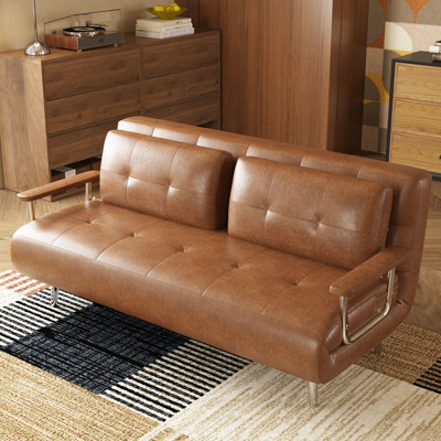 Boneless Convertible Faux Leather Sleeper Chair, Modern Fold-Out Sleeper Loveseat Bed with Wood Armrests
