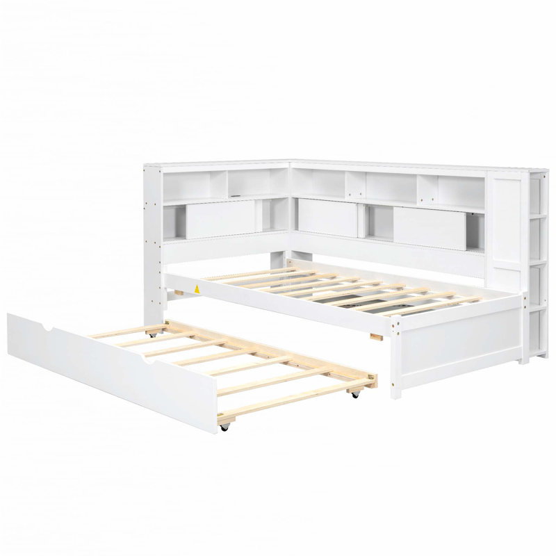 Twin Size Wood Daybed with Storage Shelves, USB and Trundle, White