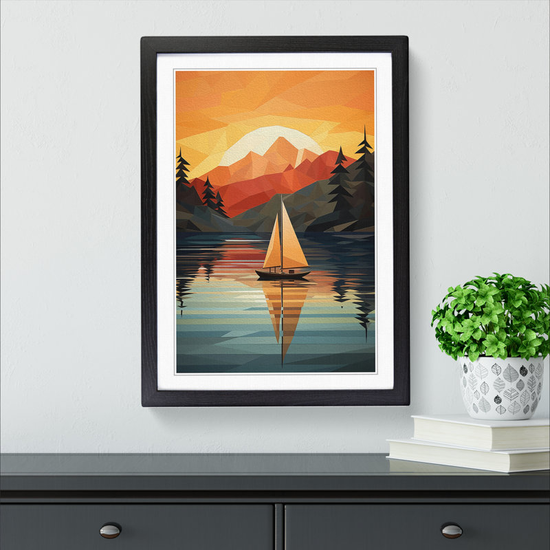 Boat on a Lake Geometric Art - Framed Print, 64cm H x 46cm W x 2cm D, Black