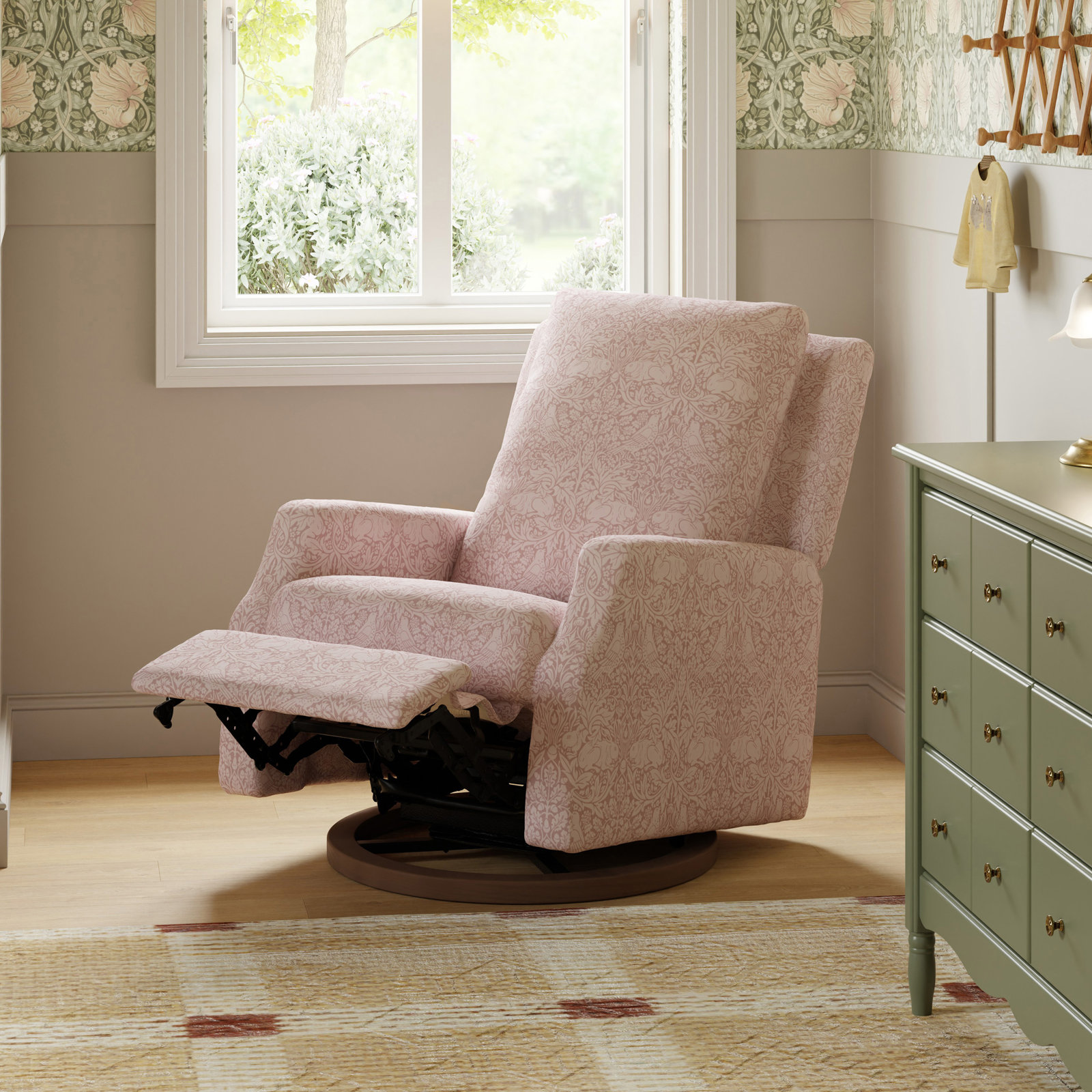 Morris & Co. Swivel Nursery Chair, Pure Brer Rabbit in Rose w/Dark Wood Base