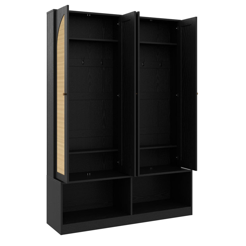 Farmhouse Widen Hall Tree with 4 Rattan Doors, Versatile 4-In-1 Seating Bench with 6 Hooks, Mid-Century Entryway Shoe Cabinet with Adjustable Shelf for Living Room