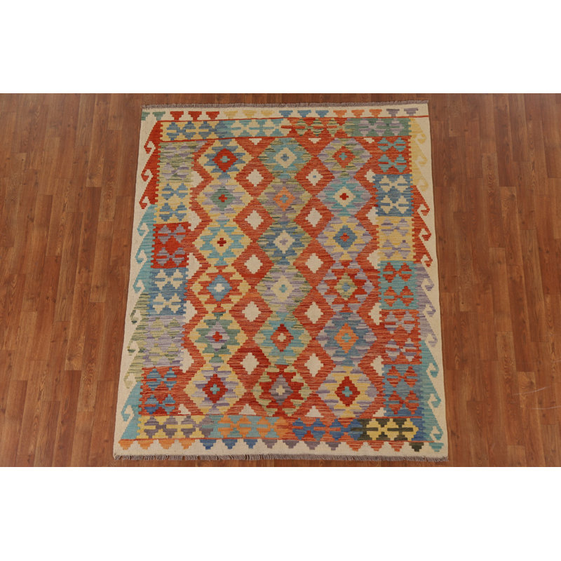 Tapis bleu / orange / crème en laine noué à la main de conception unique 5 pi 2 po x 6 pi 3 po New Age