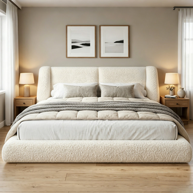 Structure de lit tapissier Cloud, lit rembourré en tissu doux avec tête de lit à oreilles de 5 po d'épaisseur, lit plateforme pour chambre à coucher moderne, assemblage facile et sans sommier
