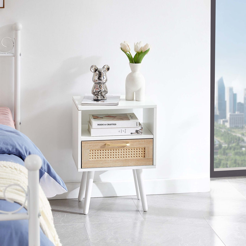 Table de bout en rotin de 15,75 po avec tiroir et pieds en bois massif, table de chevet moderne, table d'appoint pour le salon, la chambre à coucher, blanc