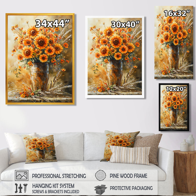 Golden Hour Harvest Blooms I - Art mural floral, H 32 po x l 16 po, Reproduction encadrée d'une seule photo, Noir