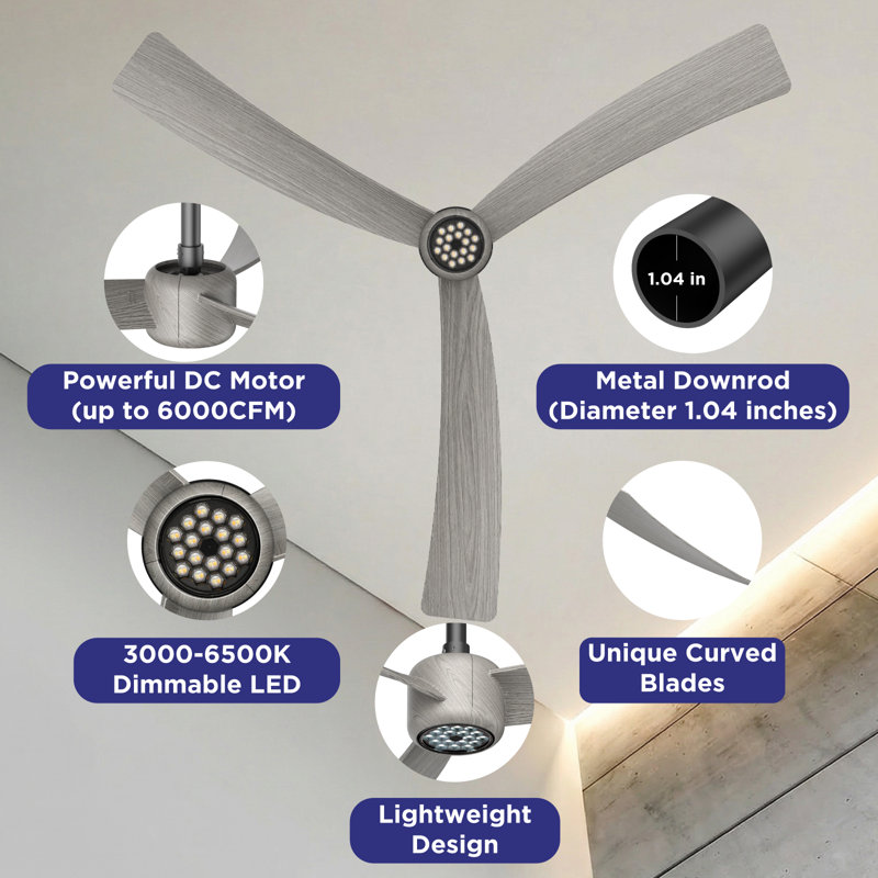 52 Inch Ceiling Fan With Led Night Light Remote Control, Black with Gray Blades