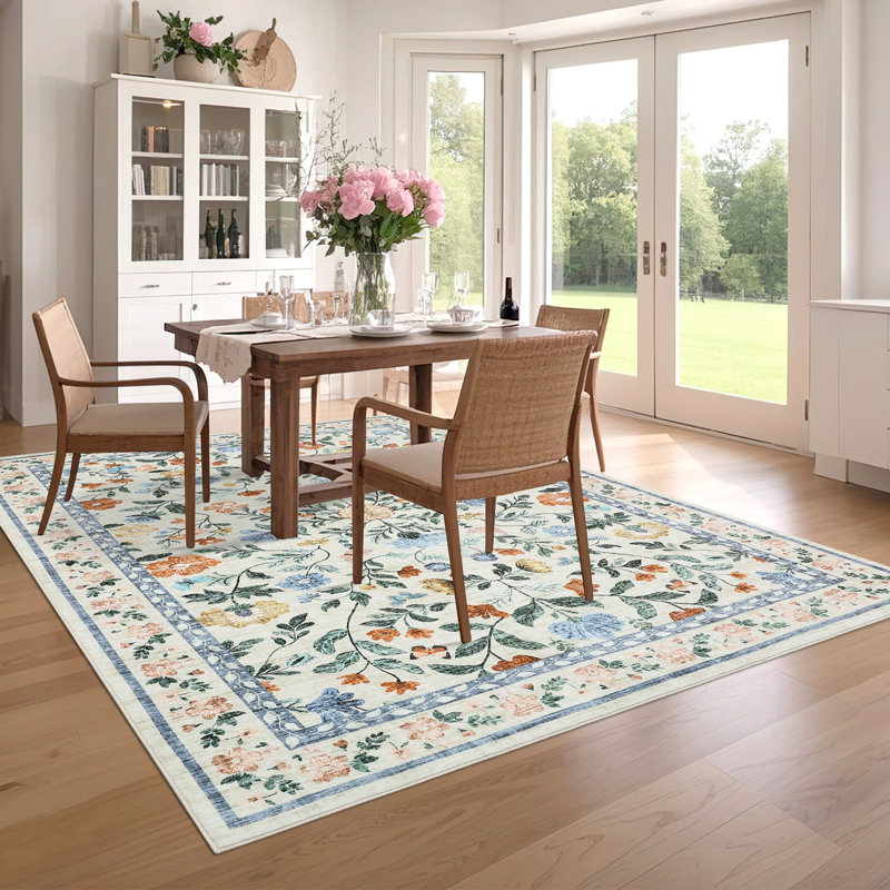 Floral Machine Washable Rug for Living Room, Non-Slip Vintage Floor Mats, Stain-Resistant Soft Faux Wool Farmhouse Indoor Carpet for Bedroom, Nursery, Dining Room