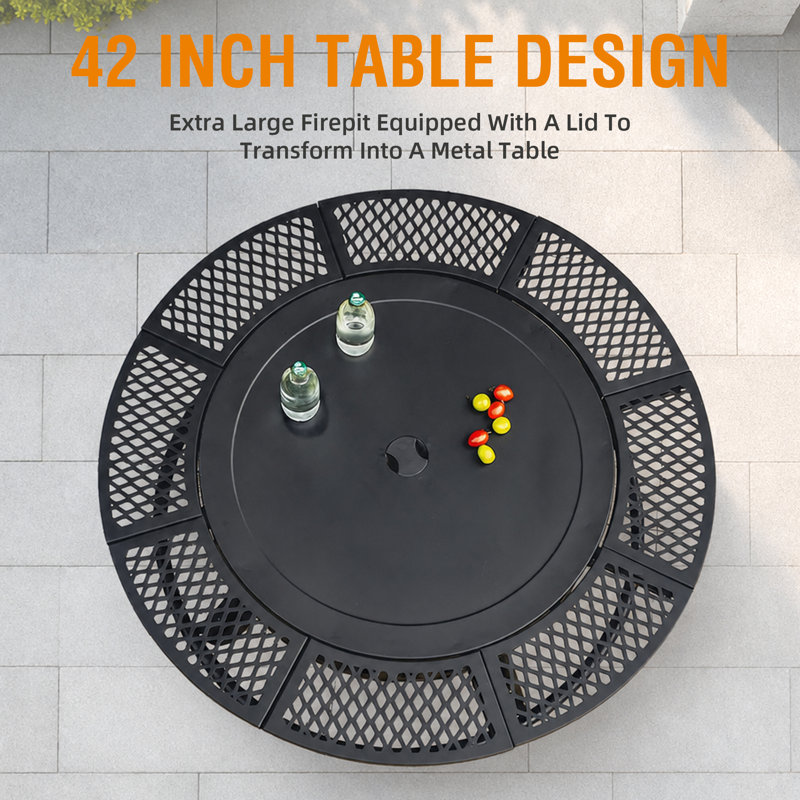 Foyer extérieur 42 po 3 en 1 avec 2 barbecues - grand foyer extérieur au bois pour le camping, le pique-nique et le feu de joie, table ronde en métal avec couvercle pour la cour, le patio et les fêtes