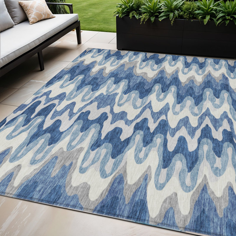 HomeRoots 5' X 8' Navy Blue And Sky Blue Abstract Washable Indoor Outdoor Area Rug
