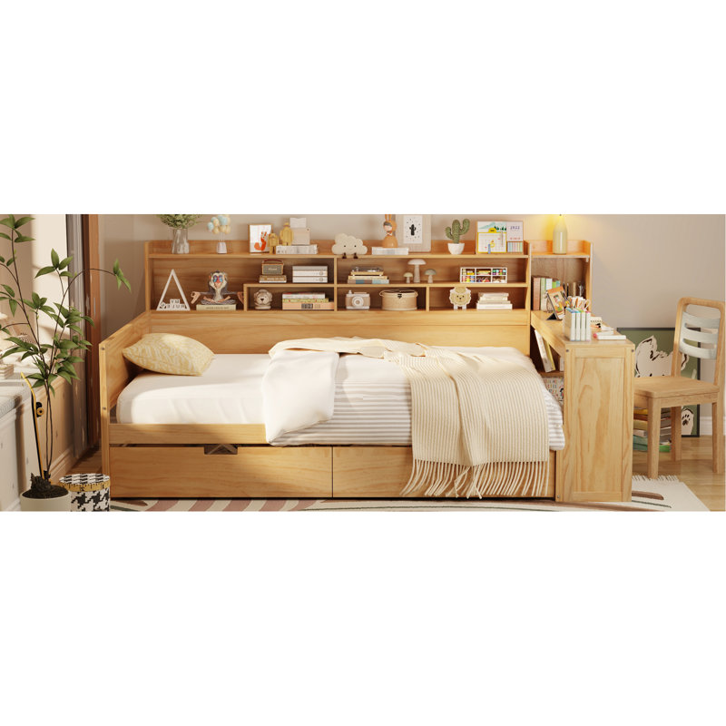 Full Size Wooden Bed With Generous Storage And A Desk For Relaxing Home Office Living Space, Natural