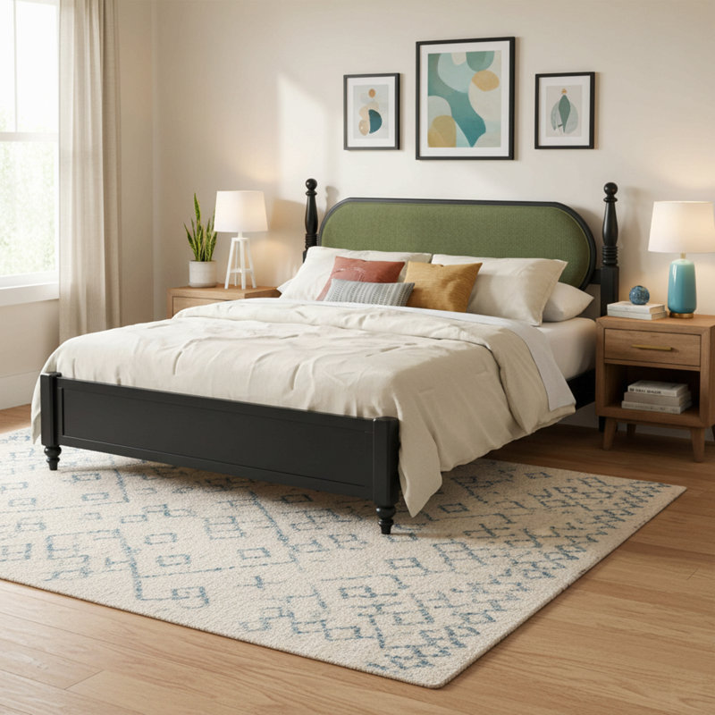 Très grand lit, plateforme en bois massif avec lattes, mobilier de chambre moderne,, Noir/vert