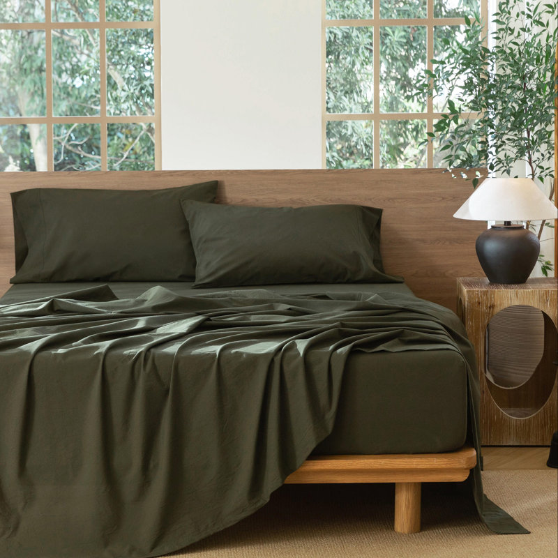 Ensemble de draps MooMee, Ensemble de draps très grand californien avec 2 t, Vert olive