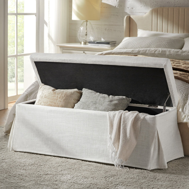 Lessman 46.5" Farmhouse Simple Assemble Storage Bench with Removable and Machine-Washable Slipcover, Ivory