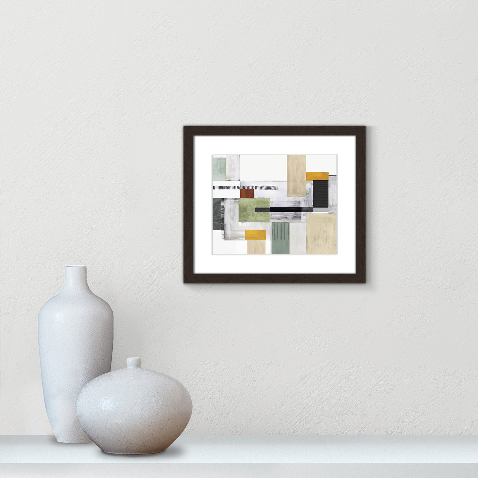 Playful Blocks Print by Tom Reeves, White, 13" H x 15" W x 1.25" D, Walnut Box Picture Framed