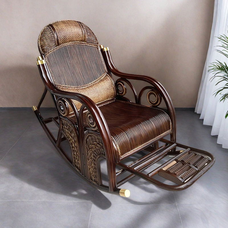 Chaise berçante en rotin avec repose-pieds rétractable, Café