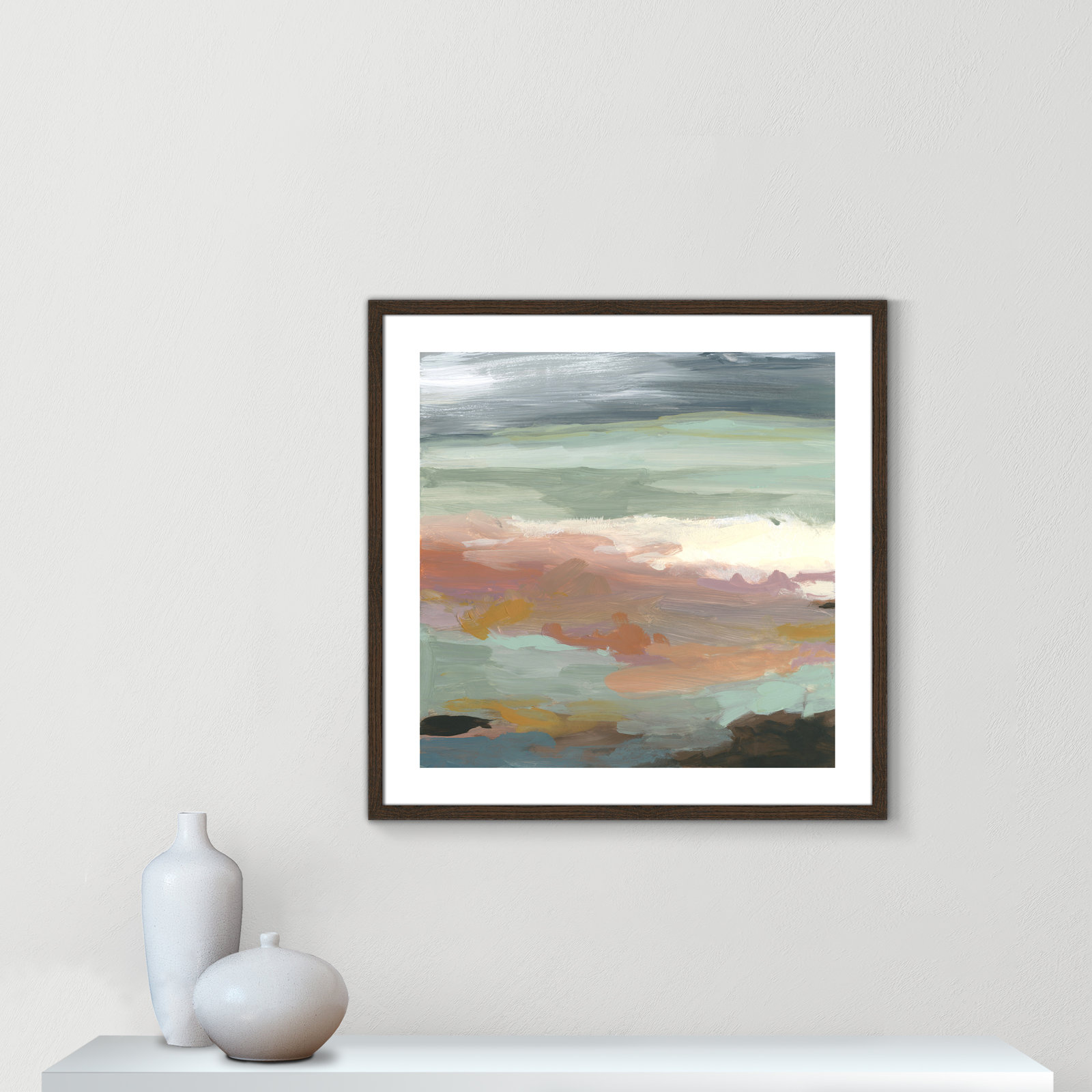 Bingham "Ocean Bluffs" Painting by Carol Robinson, 28.75" H x 28.75" W, Picture Framed Paper, Walnut Wood